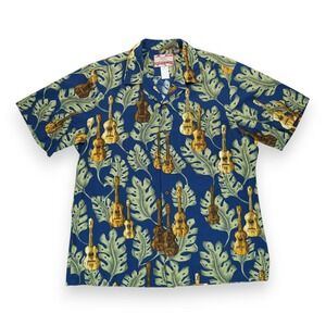 Vintage RJC Shirt Mens Size L Black Floral Print Hawaiin‎ Guitars Surfboards